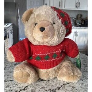14" Vintage Tan CHRISTMAS TEDDY BEAR Stuffed Animal Plush Brown Windsor Toys Hat